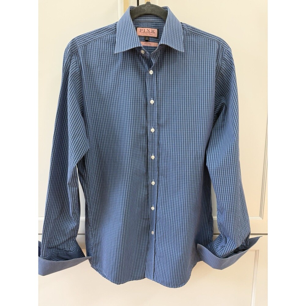 Thomas Pink Menโs Pink Blue Plaid Check Shirt French Cuffs Slim Fit Sz 15.5 EXC